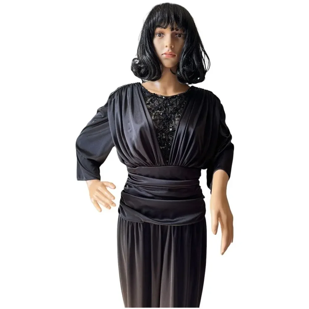 Vintage 1980s Abby Kent Black Beaded Sequin Ruched Jumpsuit Made USA Small